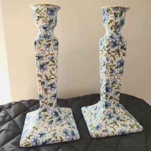 Chinoiserie style blue and white floral porcelain candlesticks by Two's Company